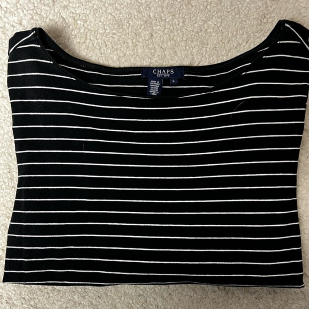 Chaps 3/4 Sleeve Black & White Horizontal Striped Women's Top Size: Large